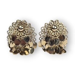 Vintage Filigree Flower Earrings Dangling Fringe Brass Layered Clip On 1.5" Long